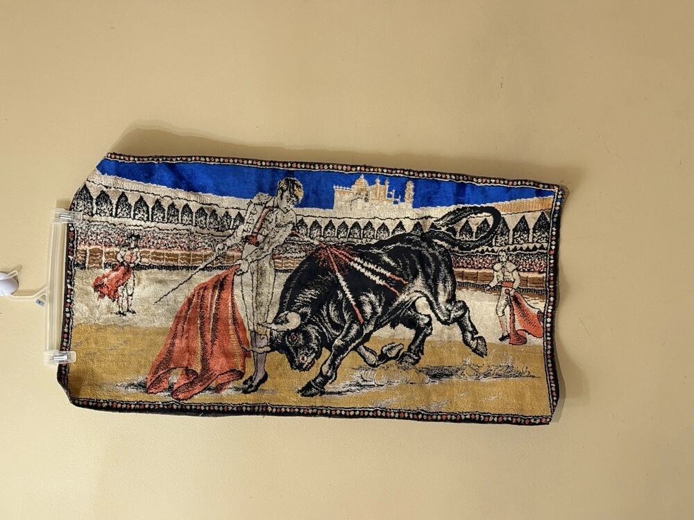 Vintage 70s Retro MCM Spanish Hacienda Chic Matador Bull Velvet Tapestry 37x20